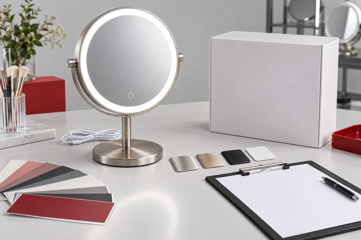 Custom LED makeup mirror color matching cover with complete illuminated tabletop mirror finish swatches packaging and approval sheet