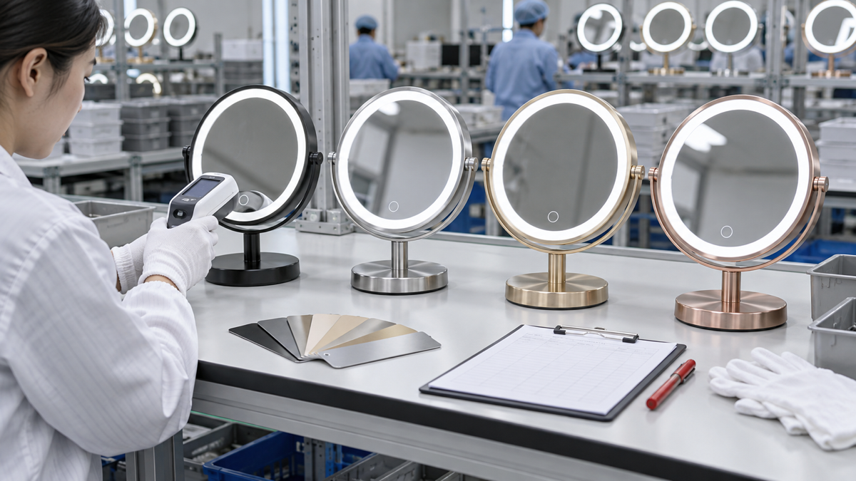 LED makeup mirror mass production color consistency QC with complete illuminated mirrors finish swatches inspection sheet and measuring device