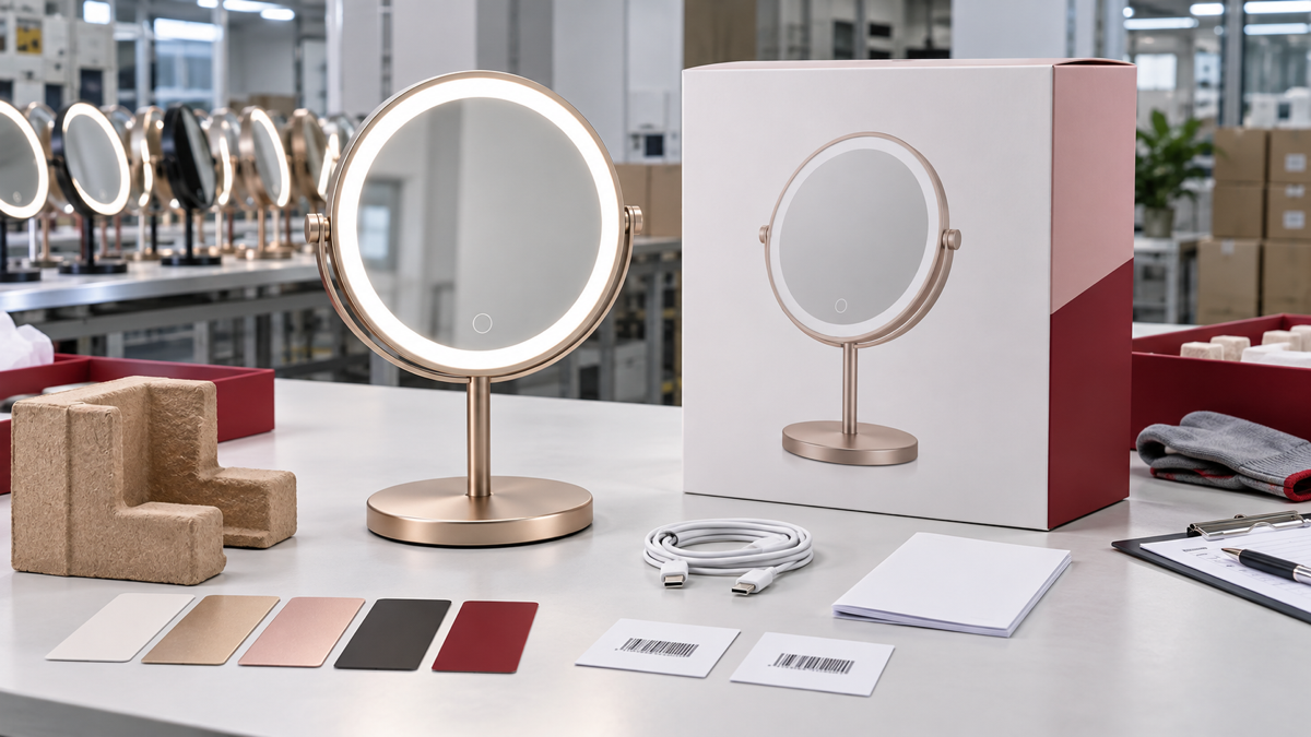 Private-label LED makeup mirror color and packaging consistency review with complete illuminated mirror box swatches USB-C cable and blank barcode cards