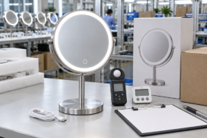 LED makeup mirror aging test checklist cover with complete illuminated tabletop mirror QC instruments packaging and blank inspection sheet