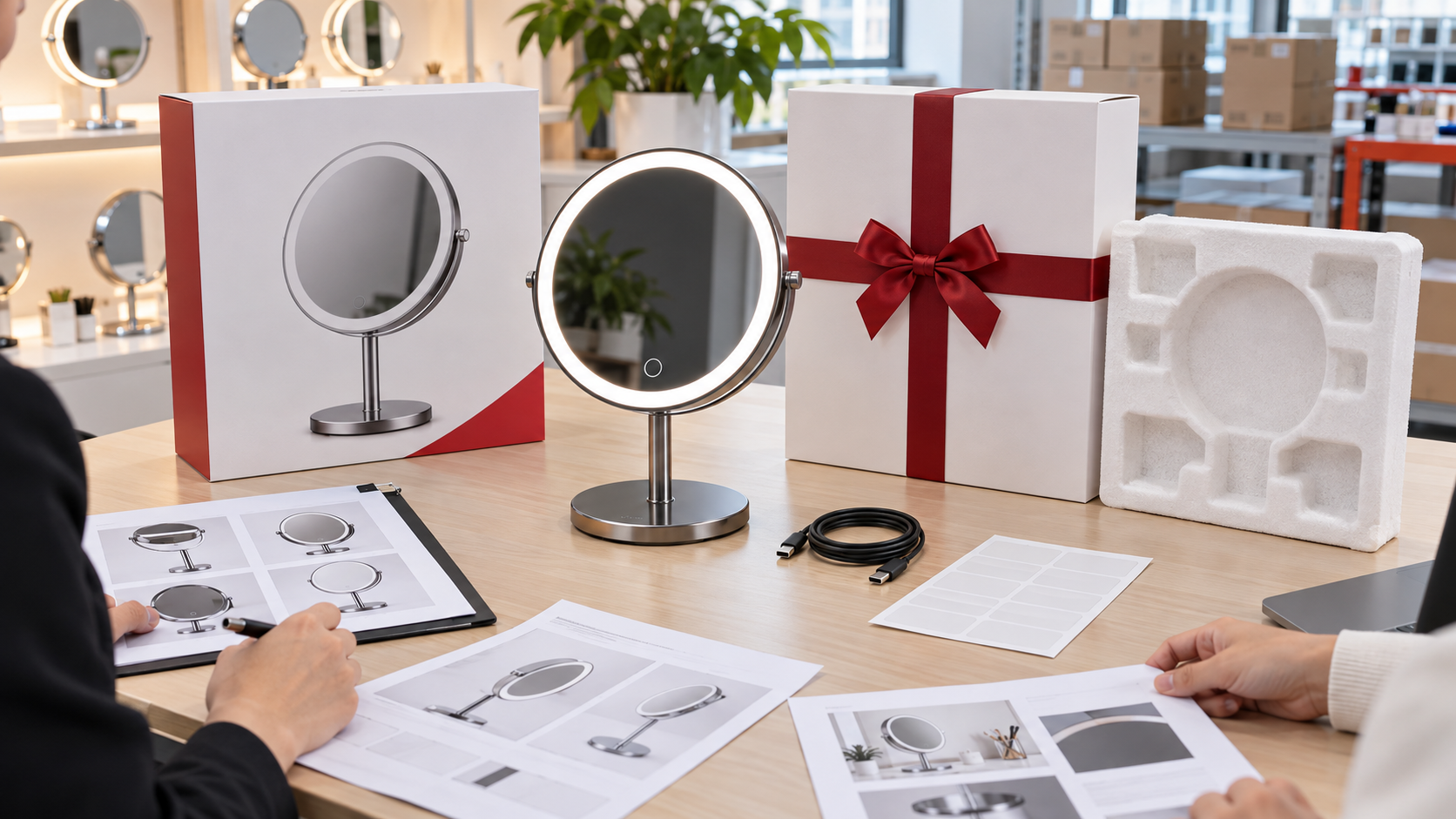 LED makeup mirror channel packaging review with complete illuminated mirror retail box gift sleeve protective insert blank barcode labels and buyer approval sheets
