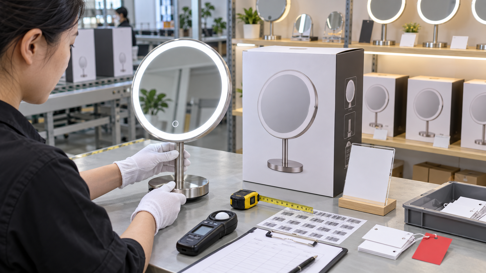 LED makeup mirror display and label QC with complete illuminated mirror retail box blank shelf tags barcode labels light meter and inspection sheet