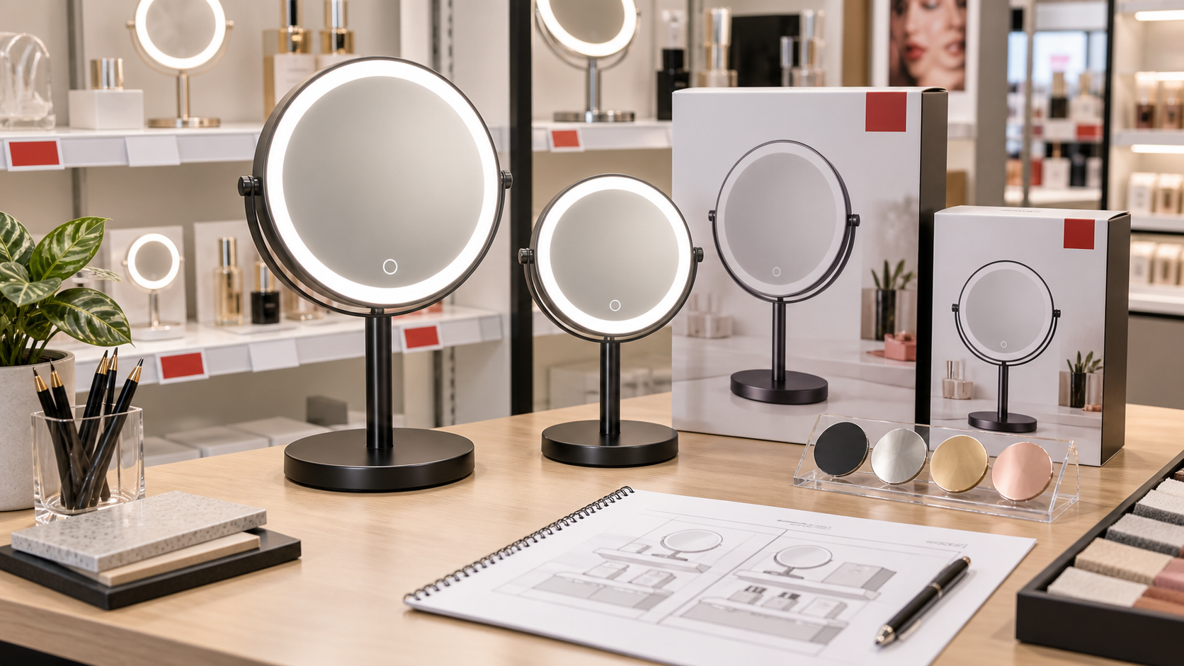 LED makeup mirror retail assortment display with complete illuminated mirrors retail boxes blank shelf tags and finish swatches