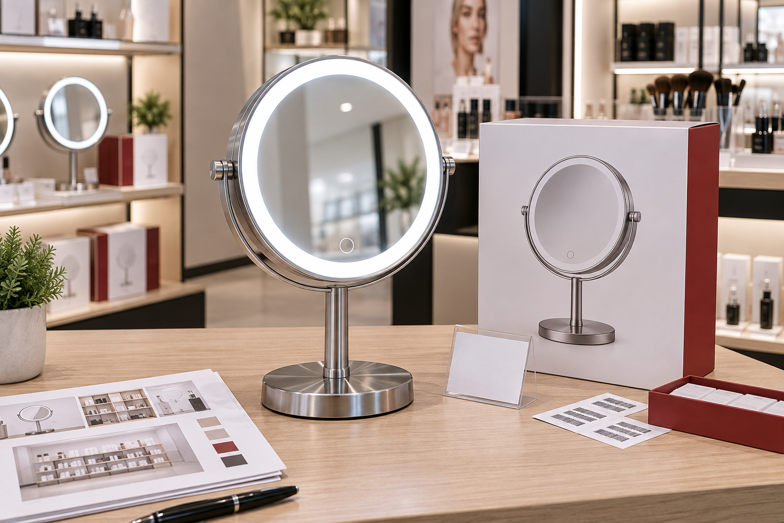LED makeup mirror retail display planning cover with complete illuminated tabletop mirror retail box blank shelf tags barcode labels and assortment plan