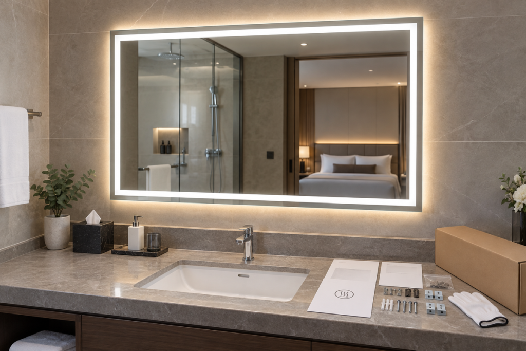 Hotel LED bathroom mirror project handover cover with complete illuminated mirror vanity installation documents hardware kit and export carton