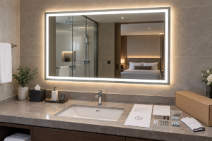 Hotel LED bathroom mirror project handover cover with complete illuminated mirror vanity installation documents hardware kit and export carton