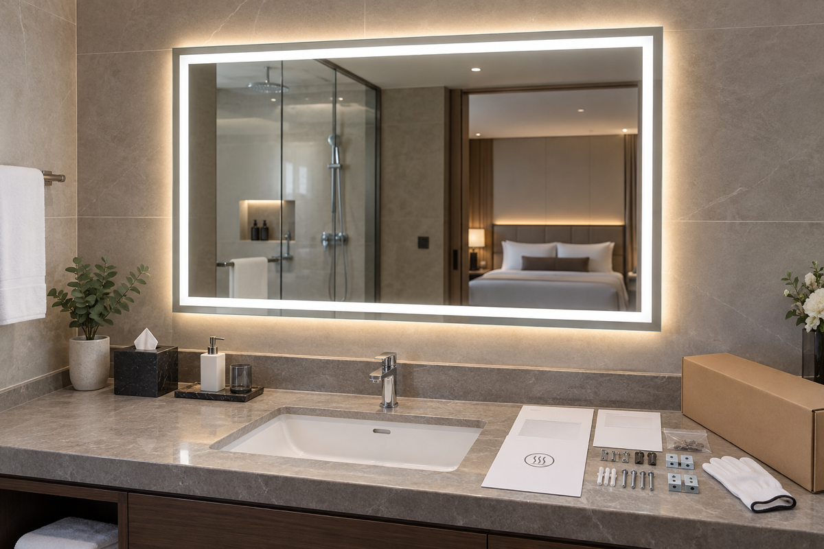 Hotel LED bathroom mirror project handover cover with complete illuminated mirror vanity installation documents hardware kit and export carton