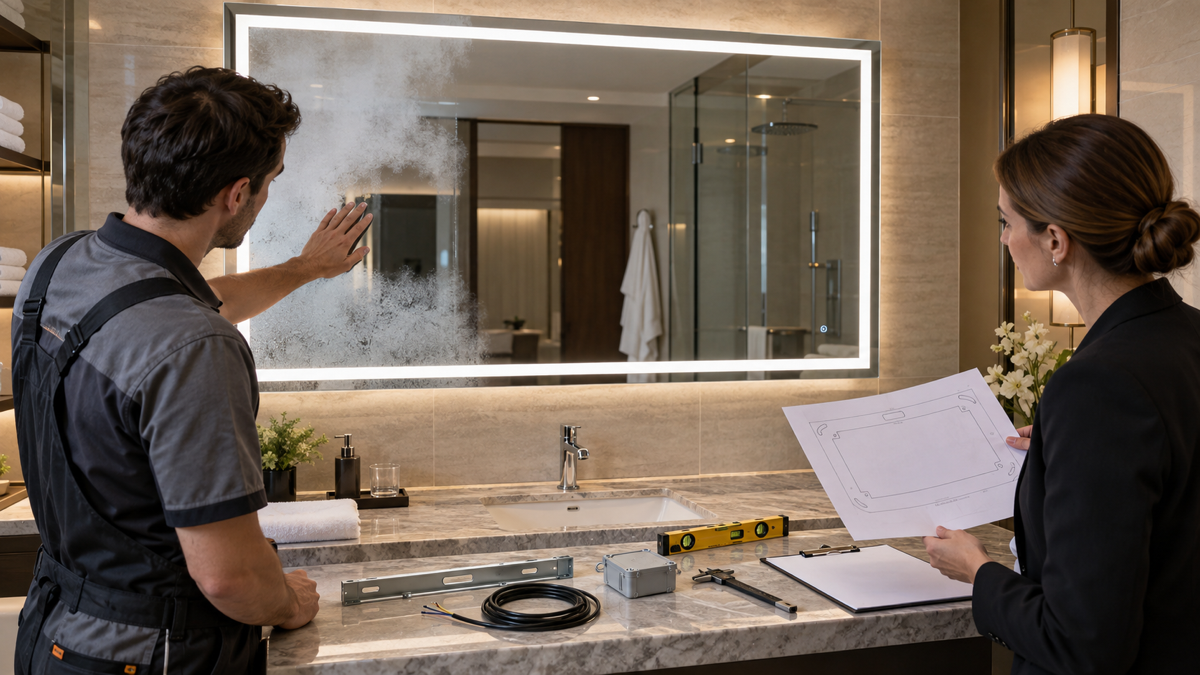 Hotel LED bathroom mirror sample approval with complete mirror anti-fog test installation template bracket power cable and blank buyer approval sheet