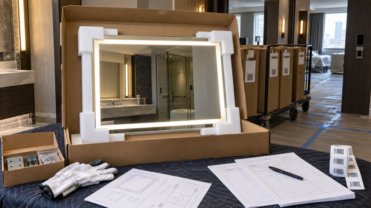 LED bathroom mirror project packaging delivery with complete illuminated mirror in protective carton room schedule sheets barcode labels hardware kit and installation documents