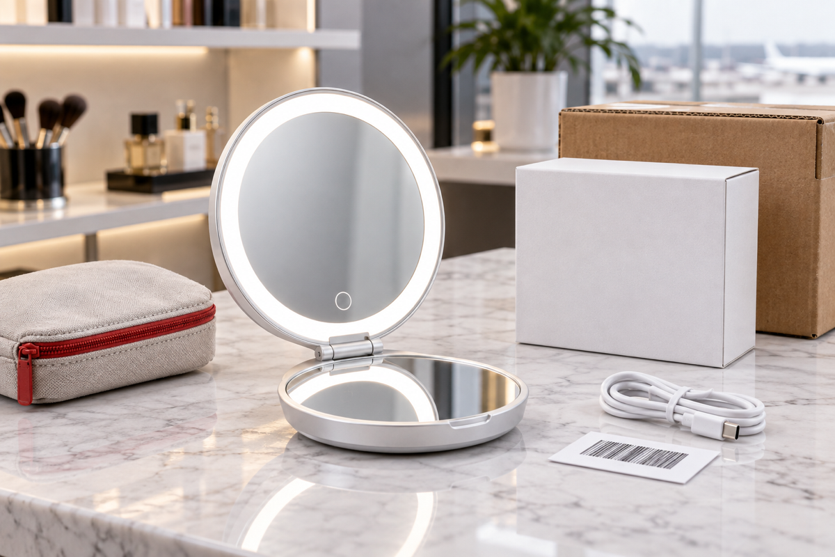 LED compact mirror buying guide cover with illuminated compact mirror, gift box, USB-C cable, barcode card, travel pouch, and export carton