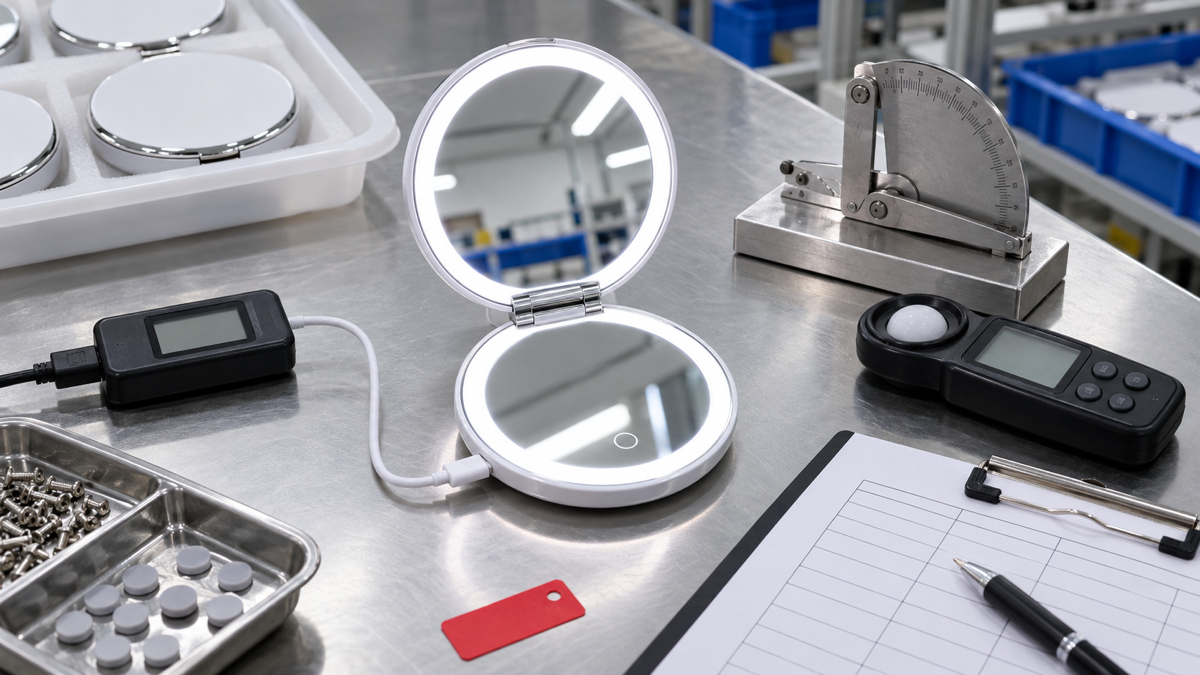 Rechargeable LED compact mirror charging and hinge QC with illuminated mirror, USB-C test meter, light meter, angle gauge, and blank inspection sheet