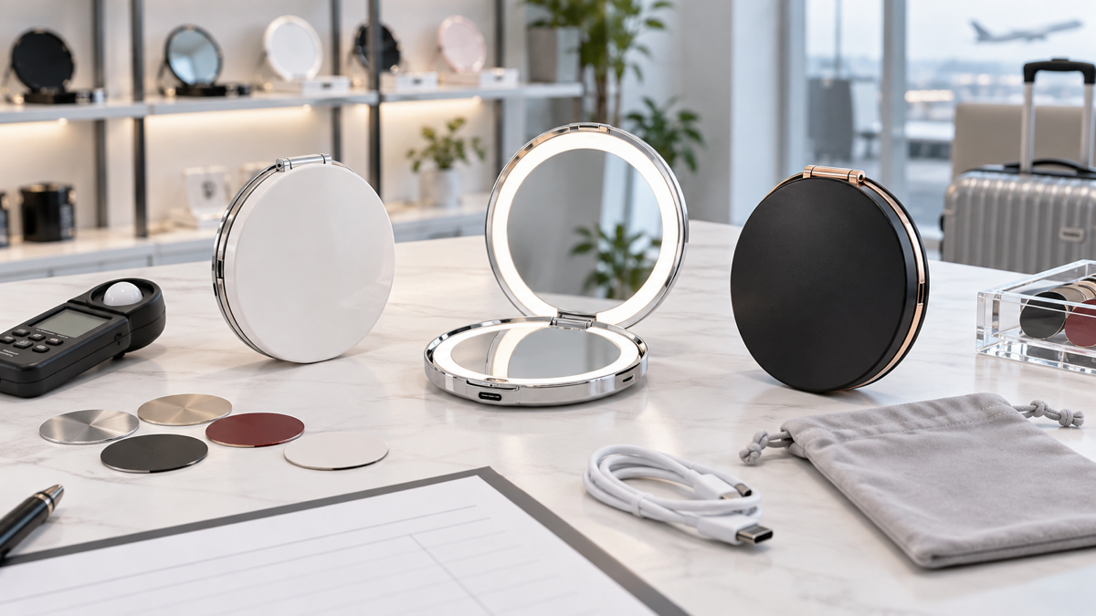 LED compact mirror feature selection with illuminated mirror samples, finish swatches, USB-C cable, pouch, and sourcing review tools