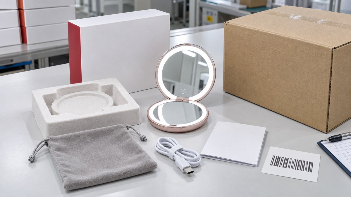 LED compact mirror gift packaging approval with complete mirror, molded insert, gift box, pouch, USB-C cable, booklet, barcode card, and outer carton