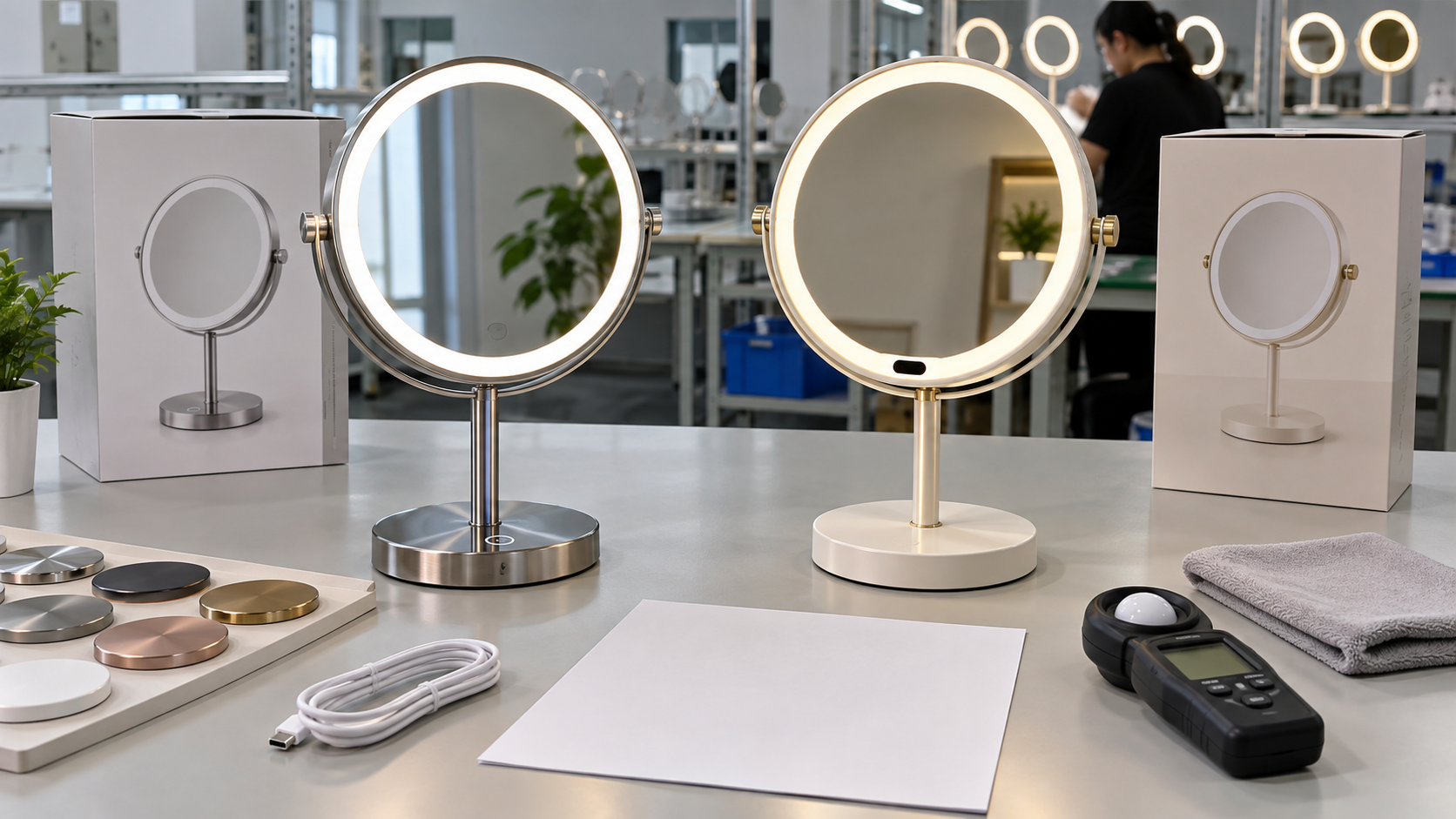 Touch and sensor switch LED makeup mirror feature selection with complete mirror samples finish swatches USB C cable blank specification sheet and light meter