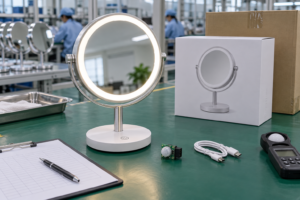 Touch switch vs sensor switch LED makeup mirror comparison cover with complete illuminated tabletop mirror sensor module USB C cable retail box export carton and QC sheet
