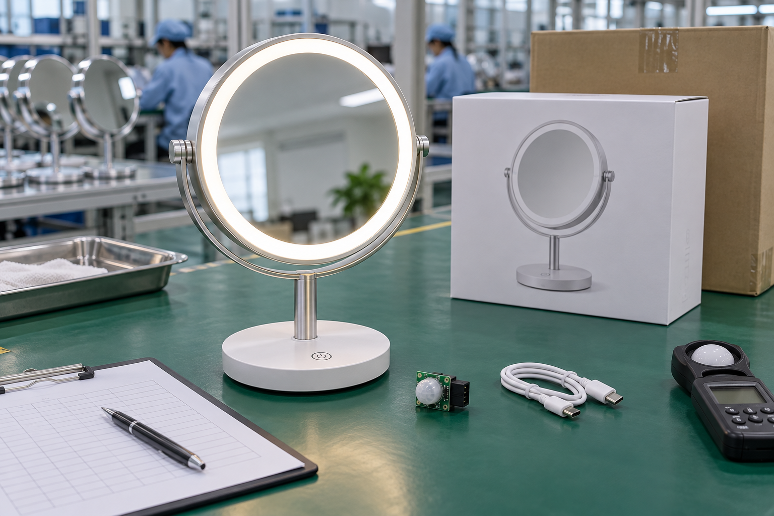 Touch switch vs sensor switch LED makeup mirror comparison cover with complete illuminated tabletop mirror sensor module USB C cable retail box export carton and QC sheet