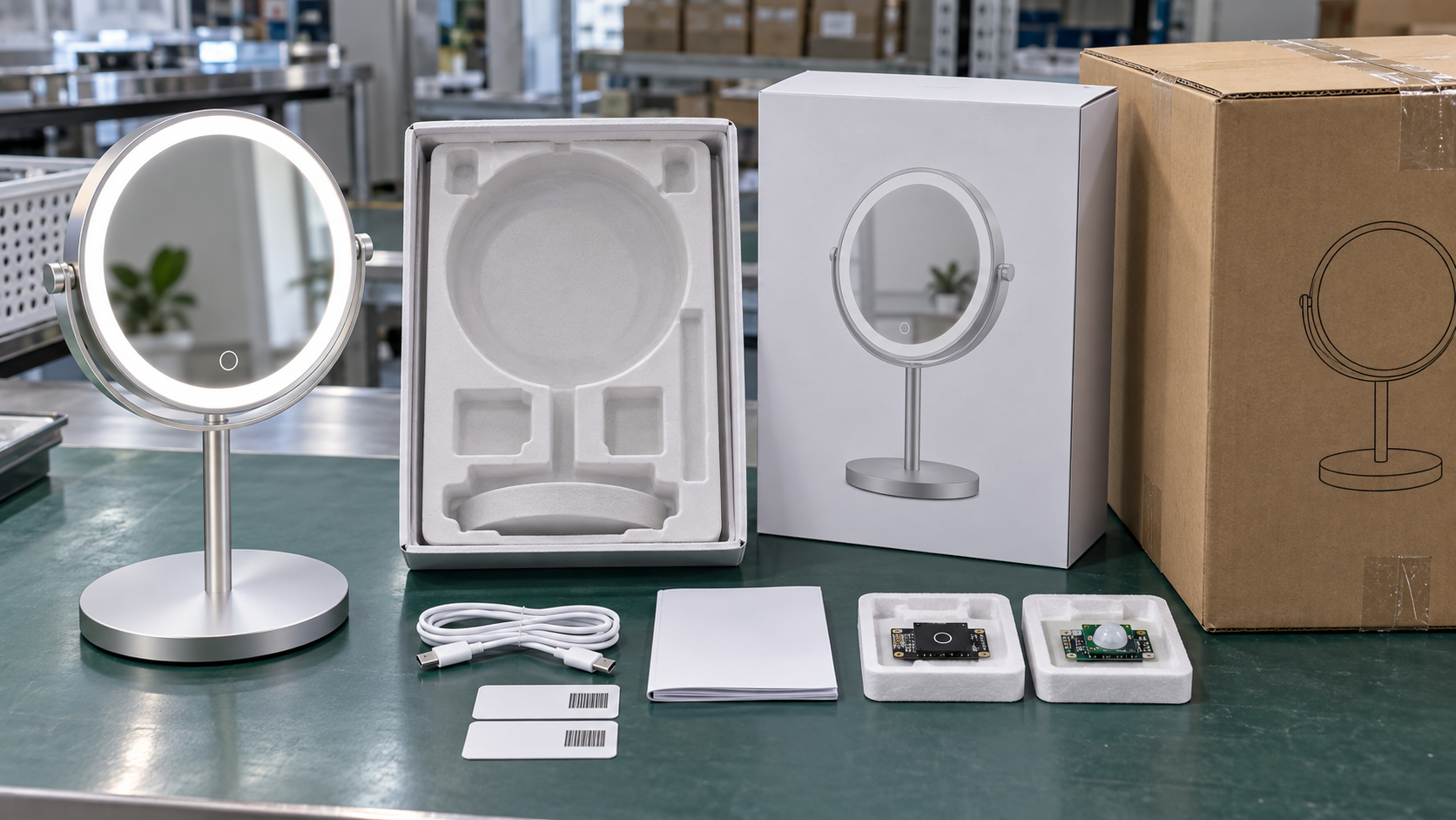 LED makeup mirror packaging and instruction consistency for touch and sensor switch versions with complete mirror molded insert manual barcode cards retail box export carton and PCB modules