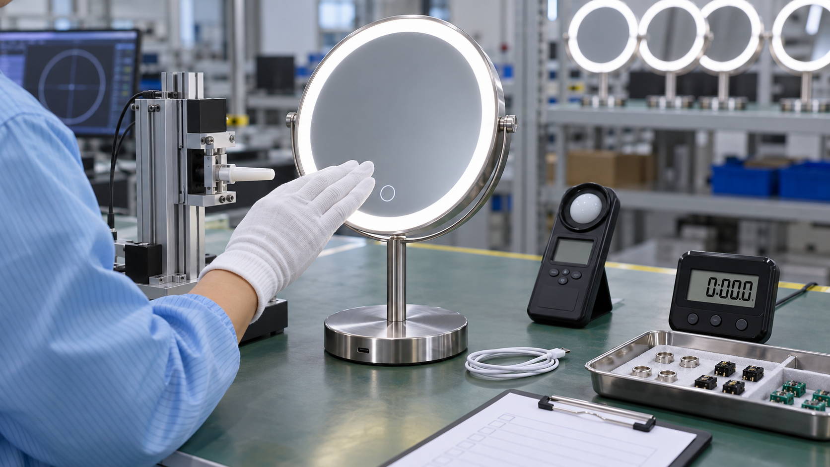 LED makeup mirror touch and sensor switch reliability testing with complete illuminated mirror gloved hand USB C cable light meter timer component tray and blank checklist