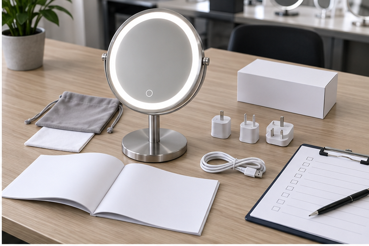 Custom LED makeup mirror manual accessory review with complete illuminated mirror blank manual pages plug options USB C cable pouch and buyer approval checklist
