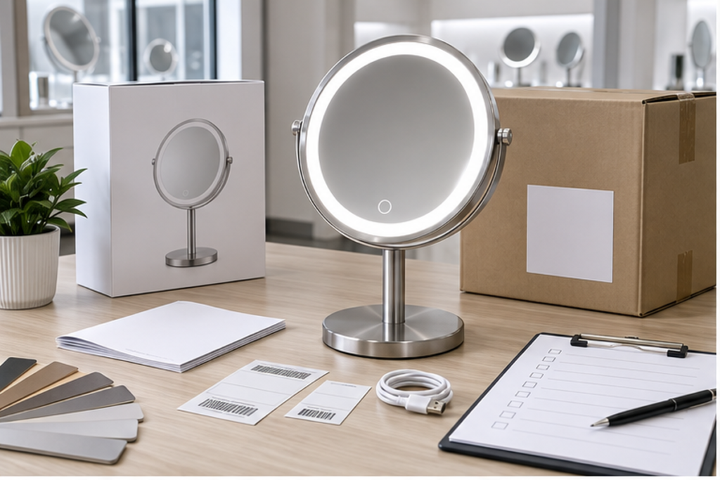Custom LED makeup mirror manual and label approval cover with complete illuminated tabletop mirror blank manual barcode cards USB C cable retail box export carton and QC clipboard