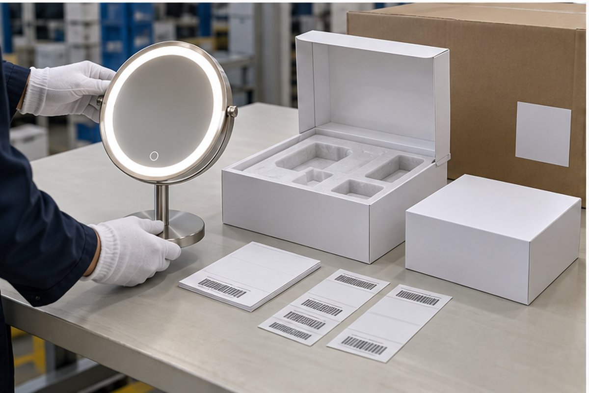 Custom LED makeup mirror packaging and label artwork approval with complete illuminated mirror open molded insert blank retail box barcode labels export carton and gloved QC hands