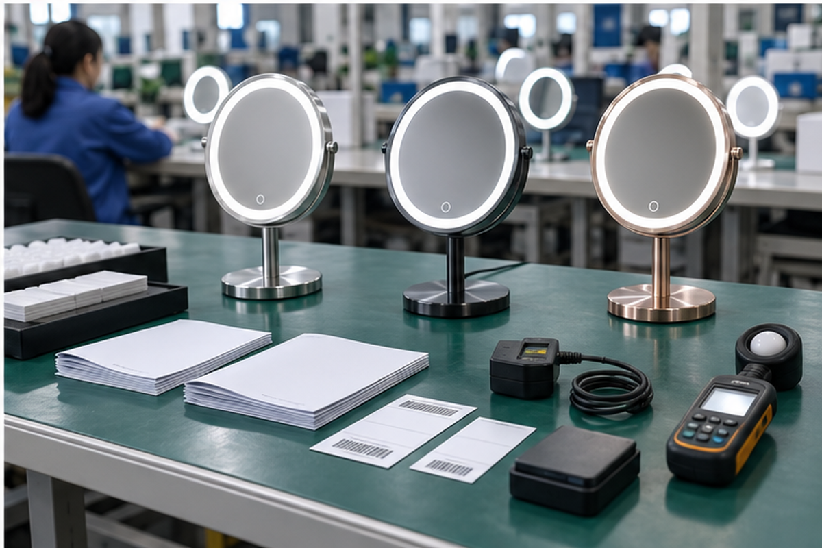 Custom LED makeup mirror pre-shipment QC bench with illuminated mirrors blank manual versions barcode cards light meter charging tester and separated sample reference items