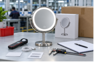 LED makeup mirror inspection report checklist cover with complete illuminated tabletop mirror light meter USB C cable caliper blank report sheet barcode card retail box and export carton