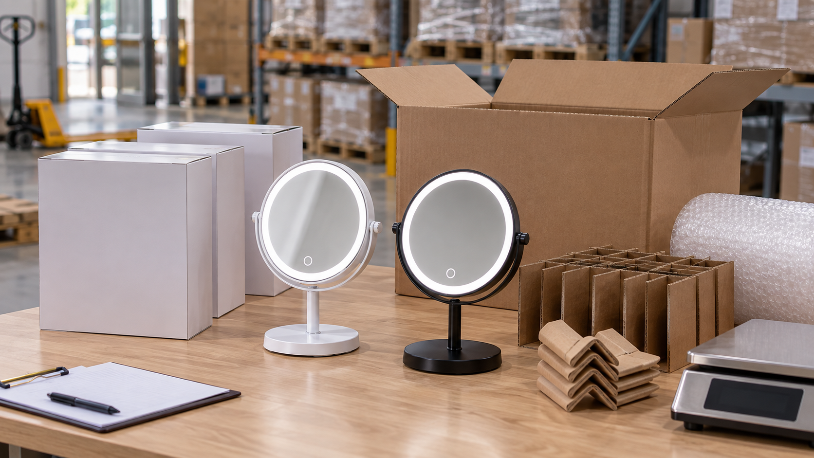 LED makeup mirror master carton planning with complete illuminated mirrors blank retail boxes export carton corrugated dividers corner protectors bubble wrap and scale