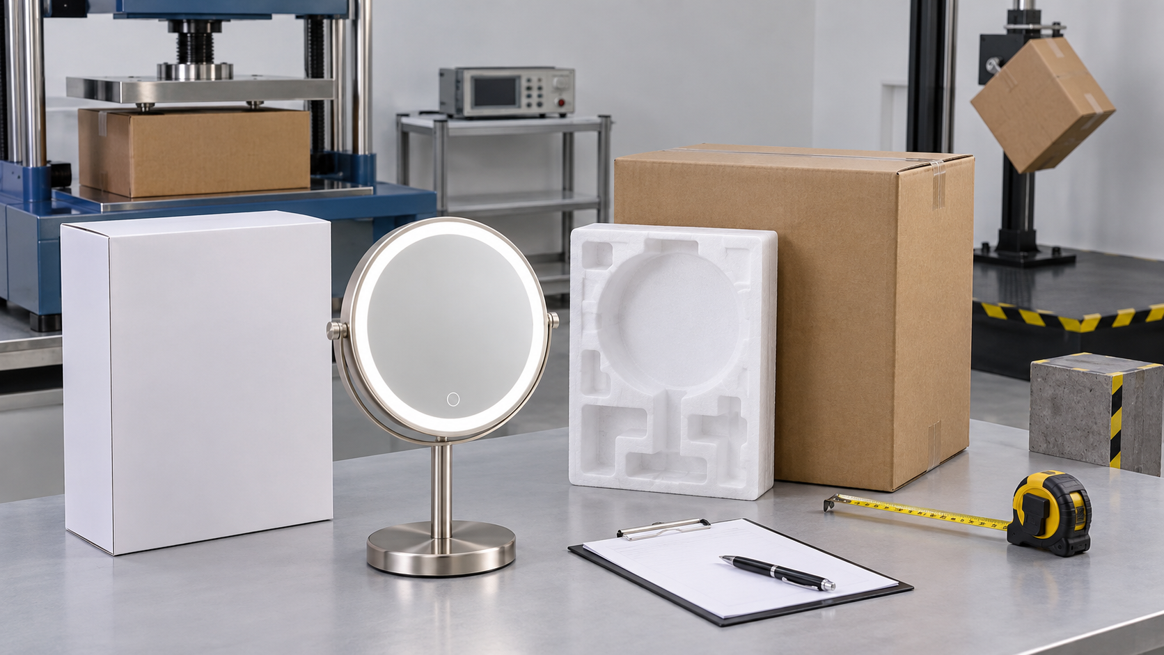 LED makeup mirror packaging reliability test plan with complete illuminated mirror retail box molded insert master carton compression tester drop test block clipboard and measuring tape