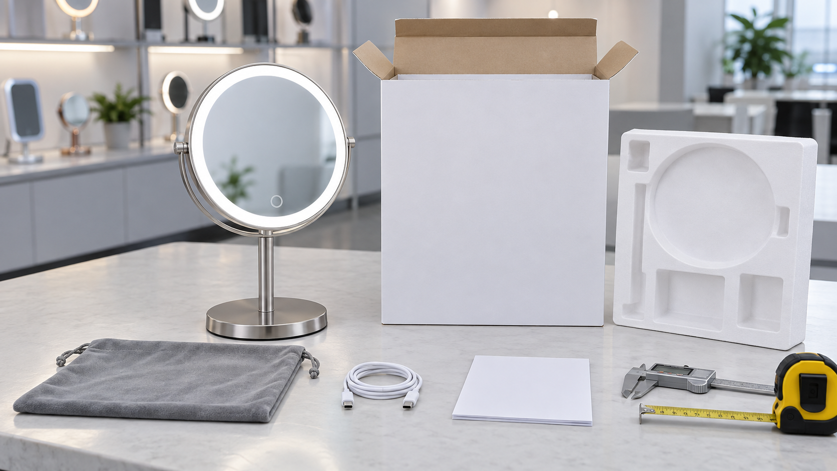 LED makeup mirror retail box approval with complete illuminated tabletop mirror open blank box molded insert pouch USB C cable manual sheets caliper and measuring tape