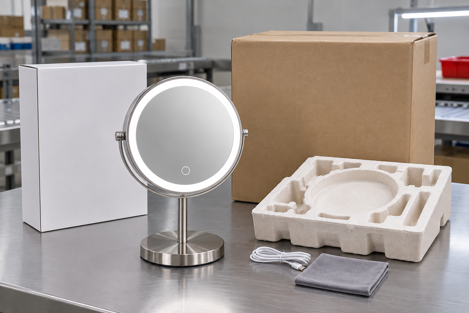 LED makeup mirror retail box and master carton packaging cover with complete illuminated tabletop mirror blank retail box molded insert export carton pouch and USB C cable