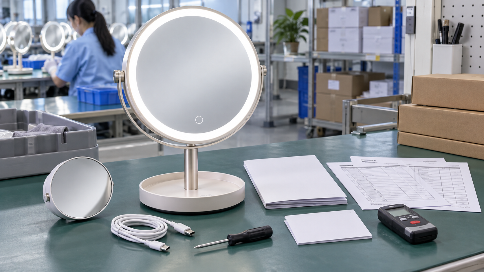 LED makeup mirror after-sales and QC information kit with complete illuminated mirror spare magnifying mirror USB C cable blank warranty card user manual inspection sheets test meter and service tools