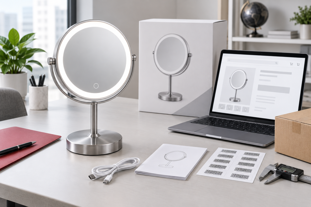 LED makeup mirror e-commerce listing kit cover with complete illuminated tabletop mirror laptop blank listing page retail box barcode labels USB C cable manual and caliper