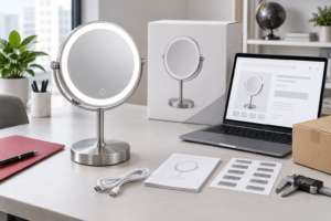 LED makeup mirror e-commerce listing kit cover with complete illuminated tabletop mirror laptop blank listing page retail box barcode labels USB C cable manual and caliper