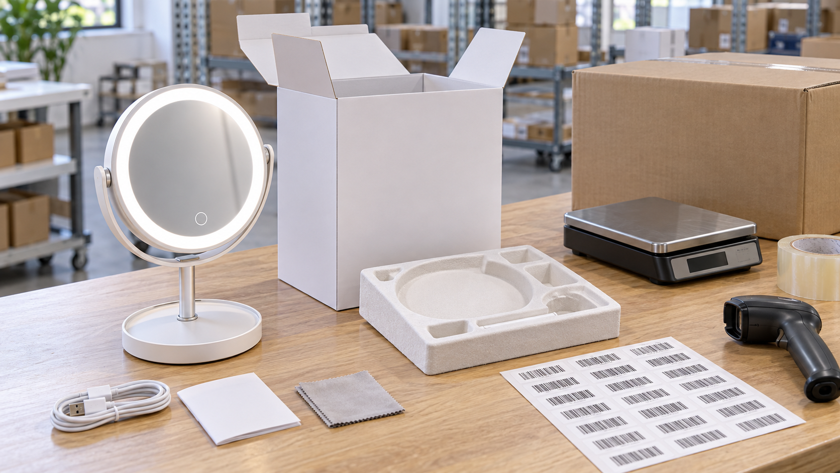 LED makeup mirror e-commerce packaging and barcode readiness with complete illuminated mirror open retail box molded insert master carton barcode labels scale and scan gun