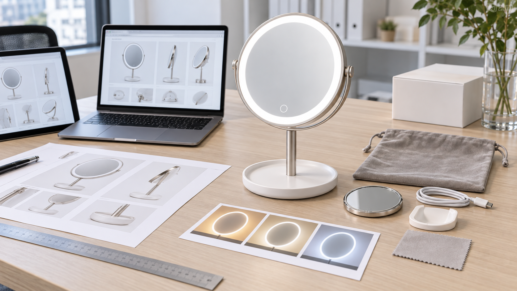 LED makeup mirror e-commerce listing content preparation with complete illuminated mirror product photo sheets laptop accessory set USB C cable pouch and light color samples