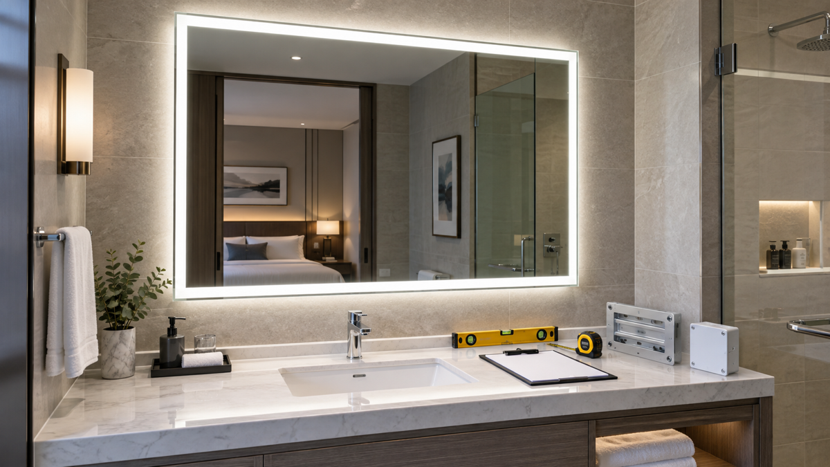 Hotel LED bathroom mirror installation approval with complete illuminated bathroom mirror level tool wall bracket sample junction box cover measuring tape and blank approval sheet