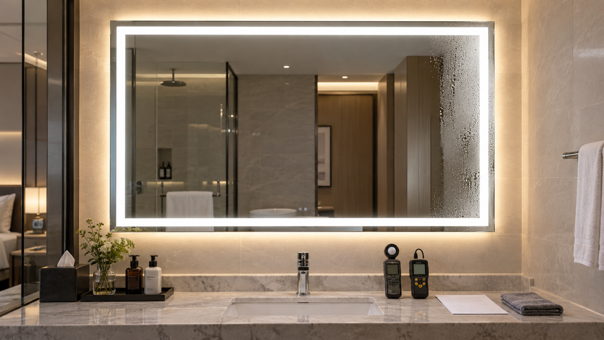 Hotel LED bathroom mirror lighting and anti-fog acceptance test with complete illuminated mirror subtle condensation test light meter color temperature meter blank sheet and microfiber cloth