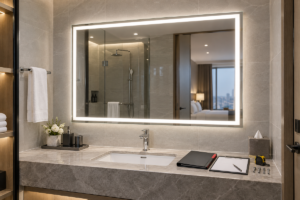 Hotel LED bathroom mirror mockup room approval cover with complete illuminated LED bathroom mirror in hotel sample room with vanity counter blank approval documents measuring tape and hardware