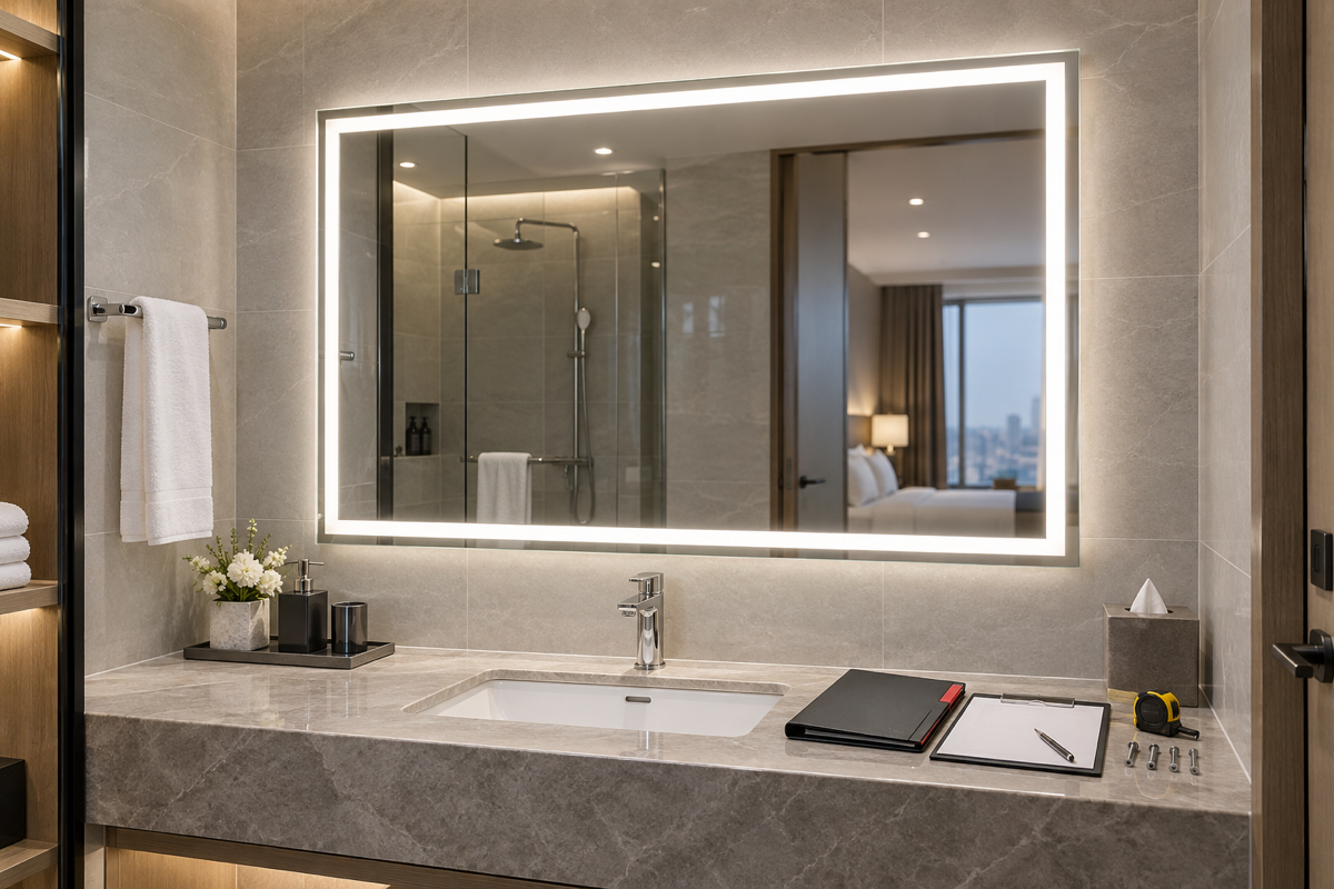 Hotel LED bathroom mirror mockup room approval cover with complete illuminated LED bathroom mirror in hotel sample room with vanity counter blank approval documents measuring tape and hardware