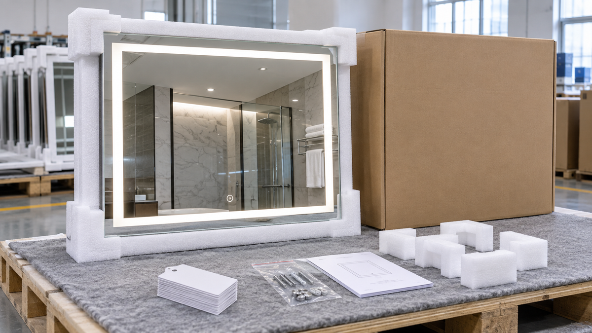 Hotel LED bathroom mirror project packing and handover with complete protected mirror blank export carton foam corners hardware kit room tag cards and installation documents