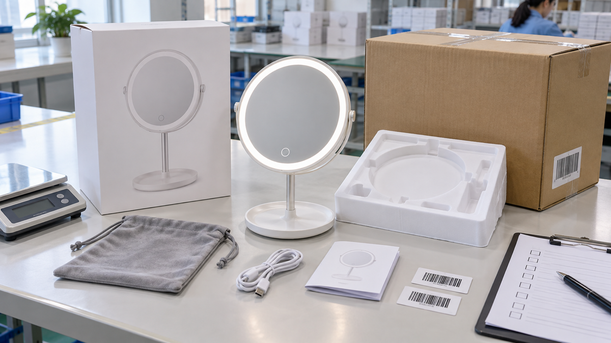 LED makeup mirror packaging and accessory consistency check with complete illuminated mirror molded insert retail box master carton pouch USB C cable manual and barcode cards