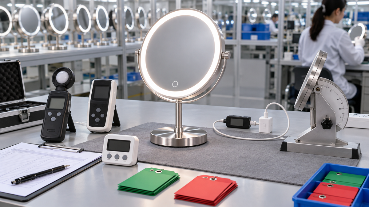 LED makeup mirror return prevention QC test with complete illuminated mirror light meter charging tester hinge angle gauge sample tags and inspection bench