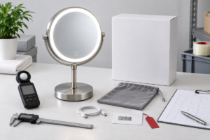 LED makeup mirror return risk buying guide cover with complete illuminated tabletop mirror retail box USB C cable pouch barcode card caliper light meter and blank approval worksheet