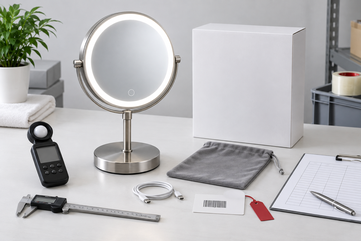 LED makeup mirror return risk buying guide cover with complete illuminated tabletop mirror retail box USB C cable pouch barcode card caliper light meter and blank approval worksheet