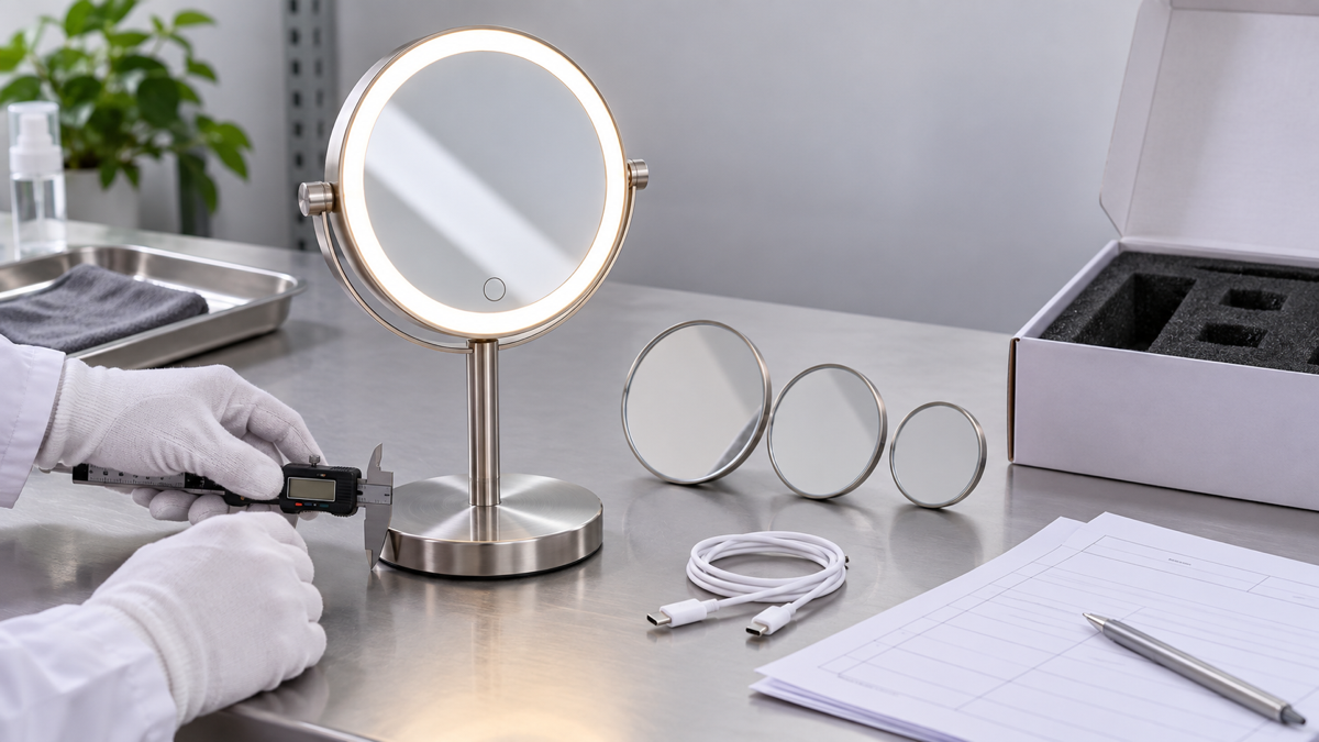 LED makeup mirror sample approval for return risk control with complete illuminated mirror magnifying samples USB C cable caliper open box and blank approval forms