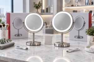 5x vs 10x LED makeup mirror comparison cover with two complete tabletop mirrors and packaging context