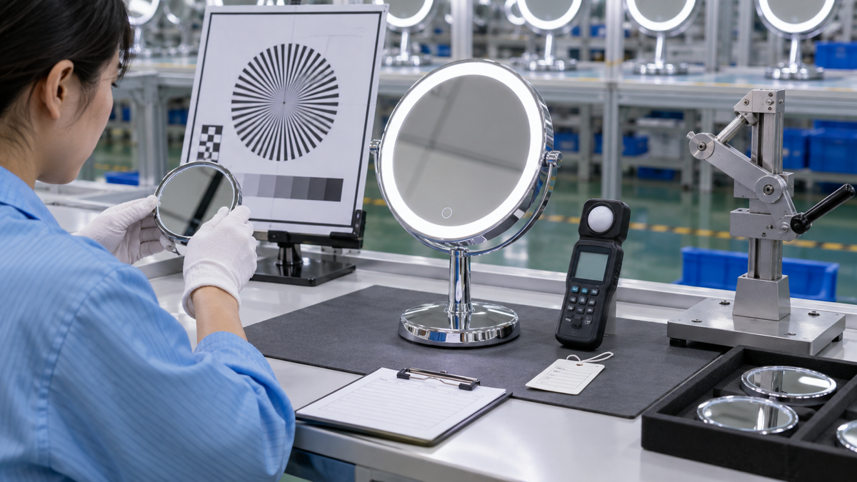 LED makeup mirror magnification and brightness QC testing for bulk orders