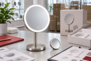 Custom magnification LED makeup mirror sample approval cover with complete rechargeable tabletop mirror and packaging