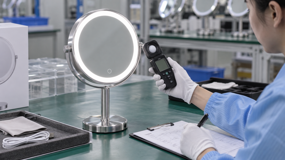 Custom magnification LED makeup mirror QC testing